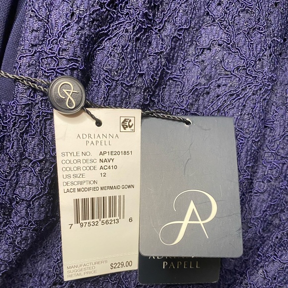 NWT Adrianna Papell Navy Blue Lace Modified Long Mermaid Formal Illusion Gown - Picture 4 of 4